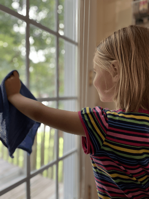 pretty child cleaning a window and managing housework