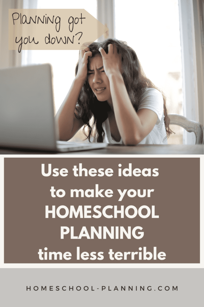homeschool planning time pin, frustrated mom at computer