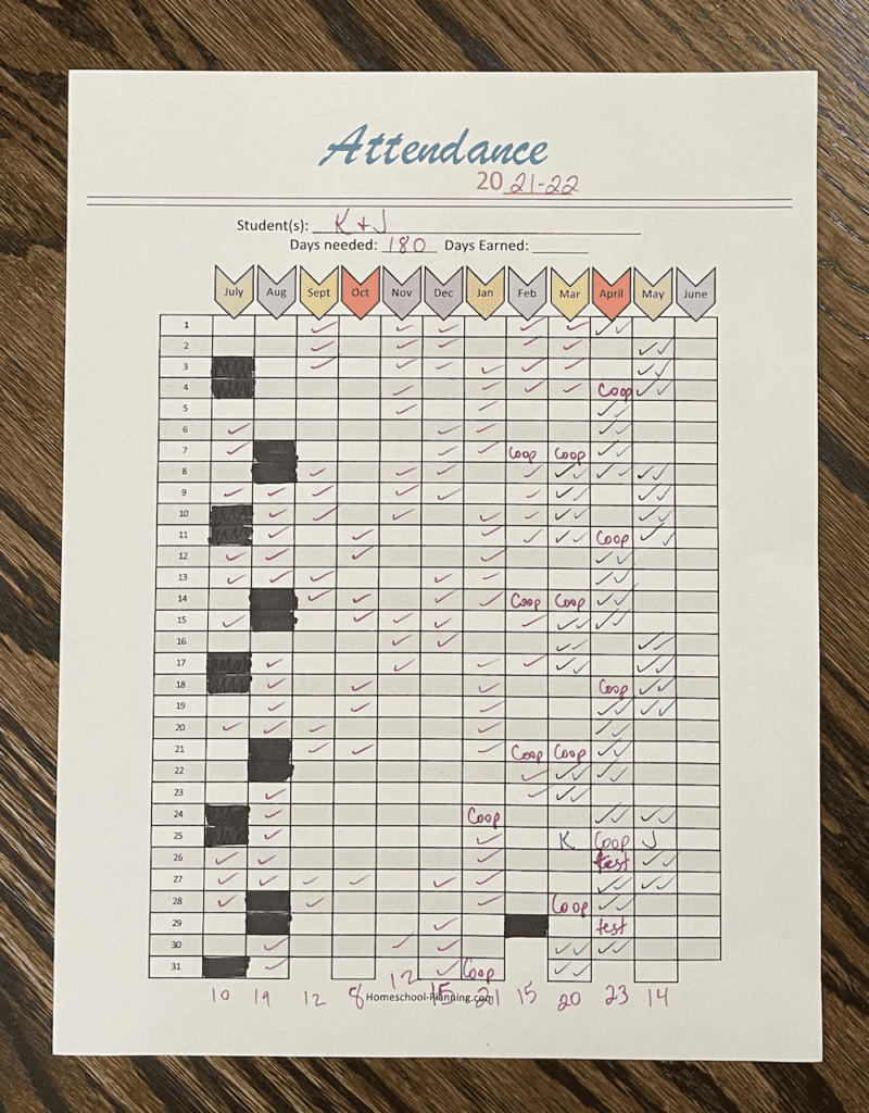 sample attendance calendar, column layout with checkmarks.