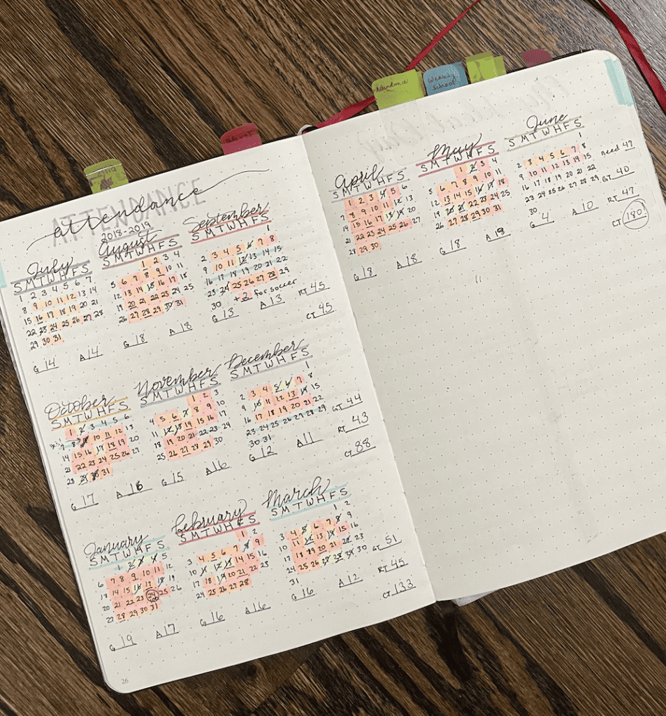 sample homeschool calendar, example in a bullet journal. calendar layout. 