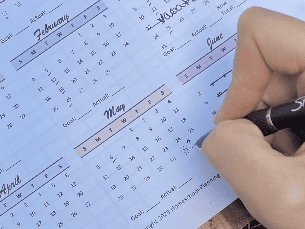 last day of school lightly circled with a question mark on a free printable homeschool attendance sheets calendar