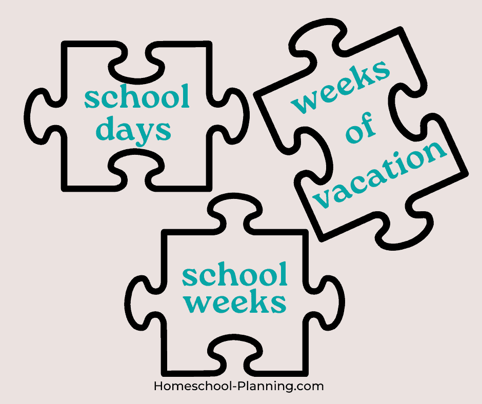 homeschool calendars puzzle pieces. days, weeks, vacation