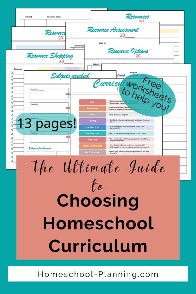 The Ultimate guide to choosing homeschool curriculum pin image. picture of free worksheets
