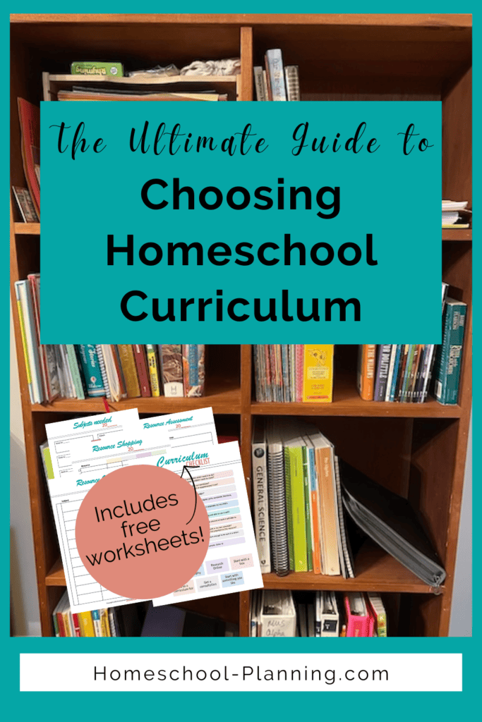 THe Ultimate Guide to choosing Homeschool Curriculum pin image. bookshelf with books