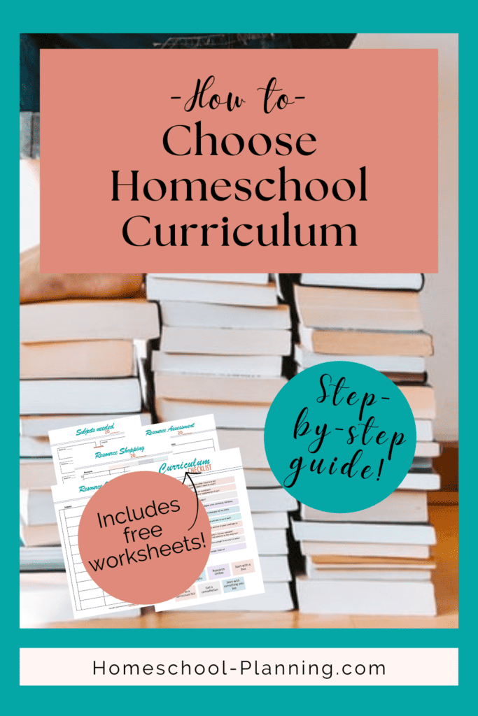 How to choose homeschool curriculum pin image. step by step guide. Pile of books