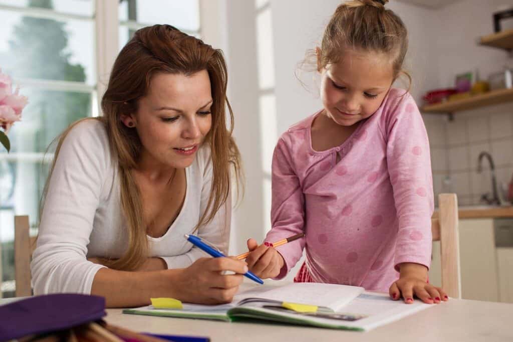 woman, mother, daughter, doing a morning meeting together