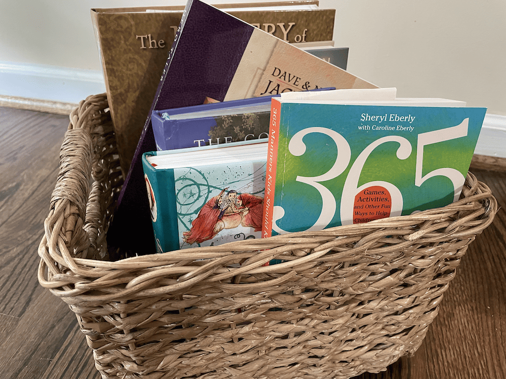 Books in a basket for a morning basket time
