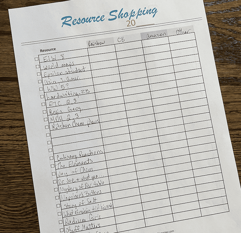 worksheet for comparison price shopping for homeschool curriculum