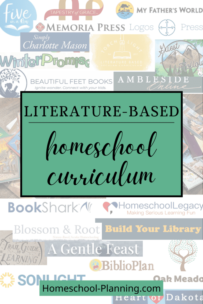 literature-based homeschool curriculum pin image. curriculum logos in background