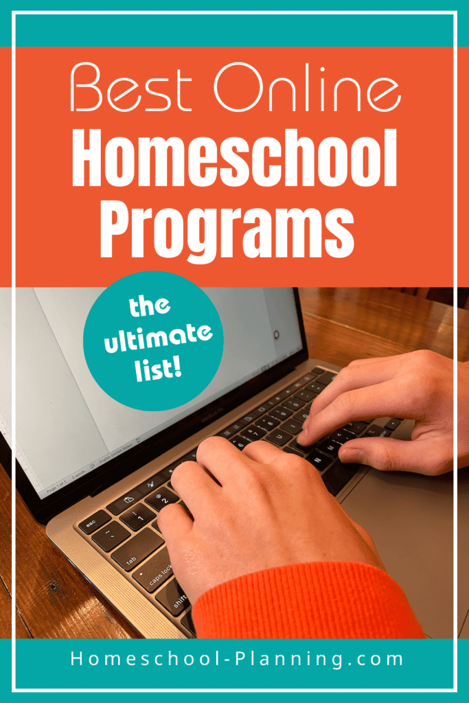 Best online homeschool programs - the ultimate list! Pin image, hands typing on a computer. 