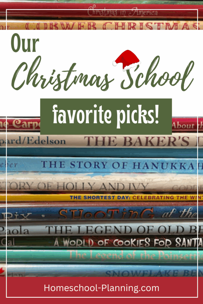 Our Christmas School favorite picks! pin image with a pile of picture books