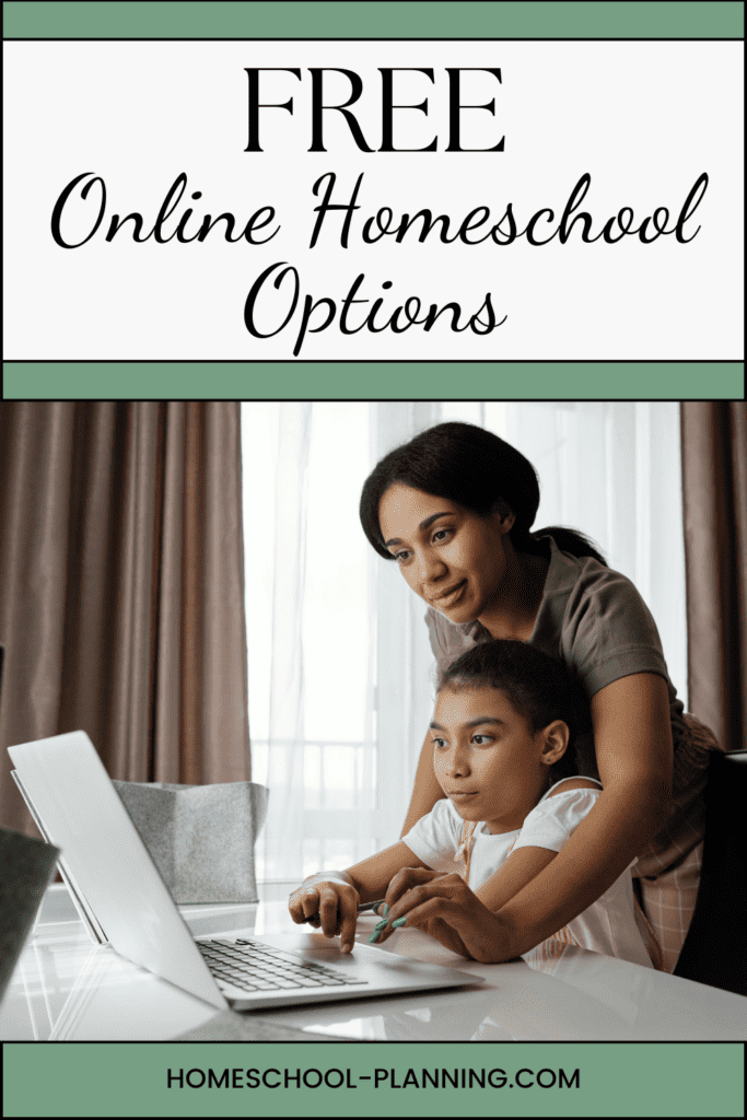 free online homeschool options pin image. mom and daughter looking at computer