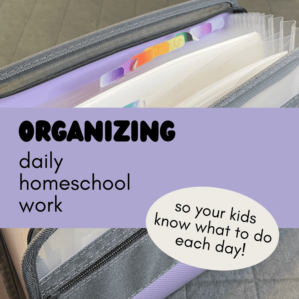 Organizing daily homeschool work so your kids know what to do each day! purple file folder in background