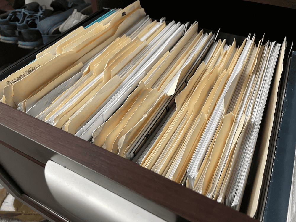 files in a file box for organizing daily homeschool work