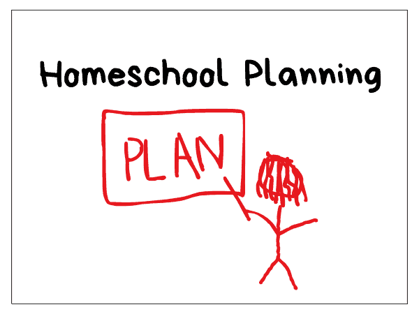 Homeschool planning with a stick person pointing to a sign that says plan