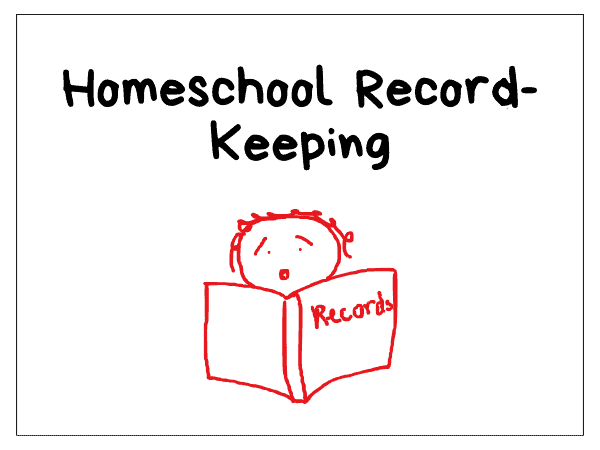 homeschool record-keeping, stick person looking at book of records