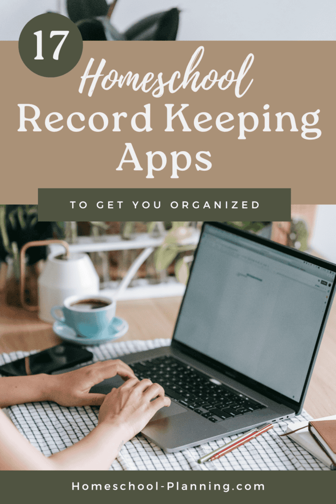homeschool record keeping apps pin image. hands at computer with coffee 