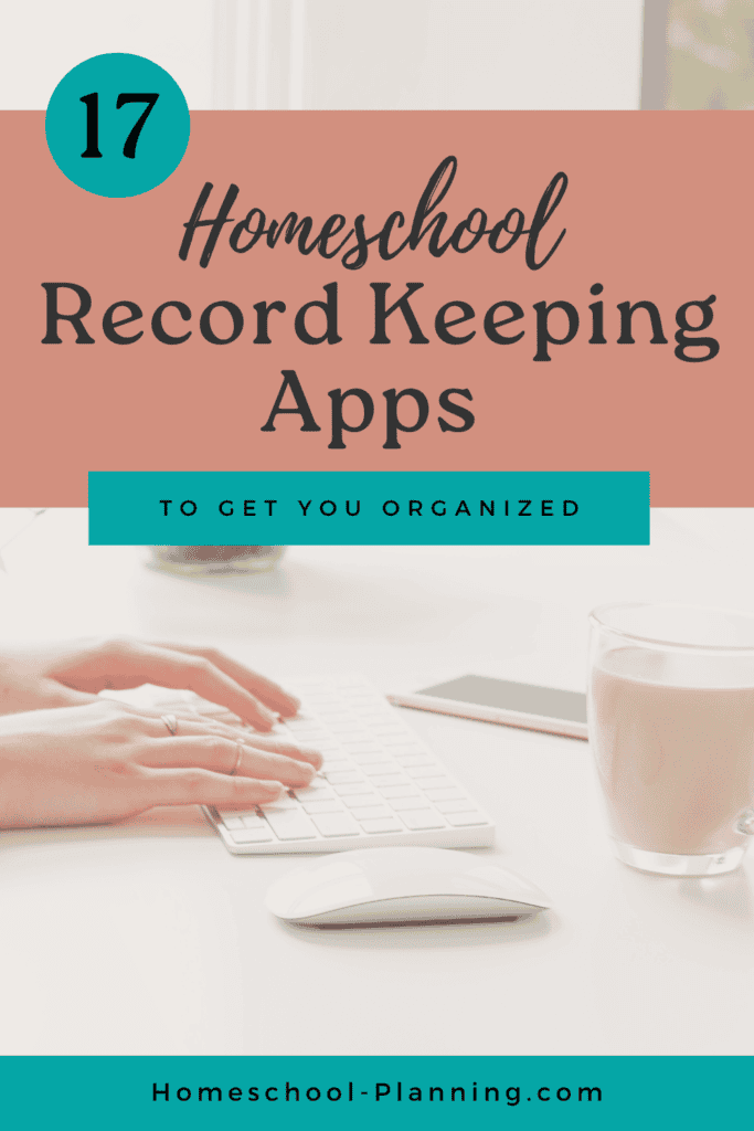 homeschool record keeping apps pin image hands at keyboard with coffee