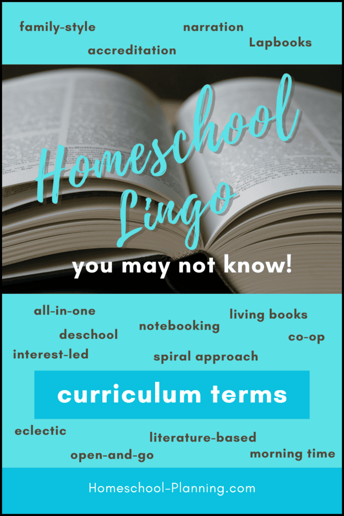 Homeschool Lingo you may not know! Curriculum terms pin image of book