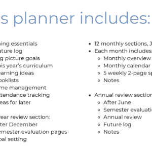 simplified Footpath Homeschool Planner table of contents