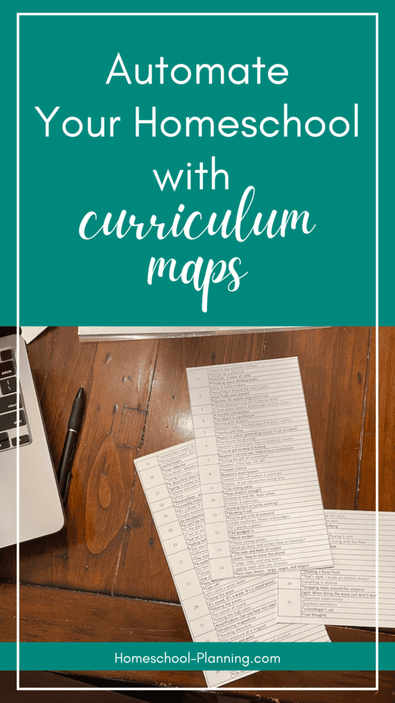 Automate your homeschool with curriculum maps. curriculum list on table