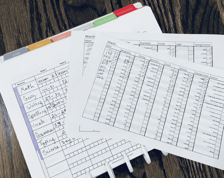 papers sitting on a planner with several columns of lessons listed by subject. homeschool curriculum map example