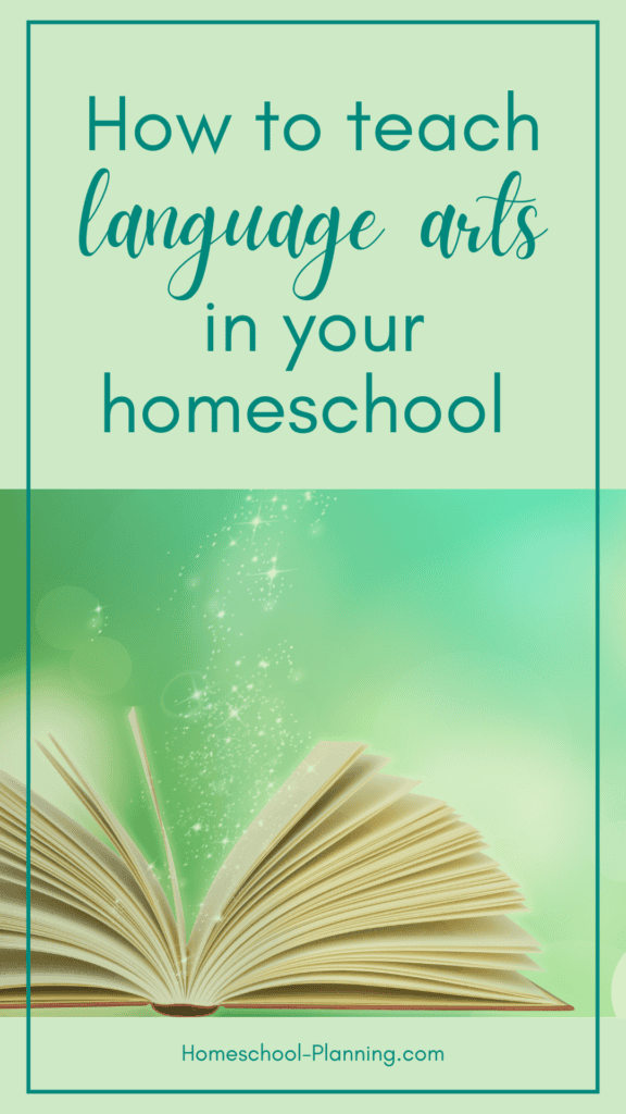 How to teach language arts in your homeschool fanned book. pin image