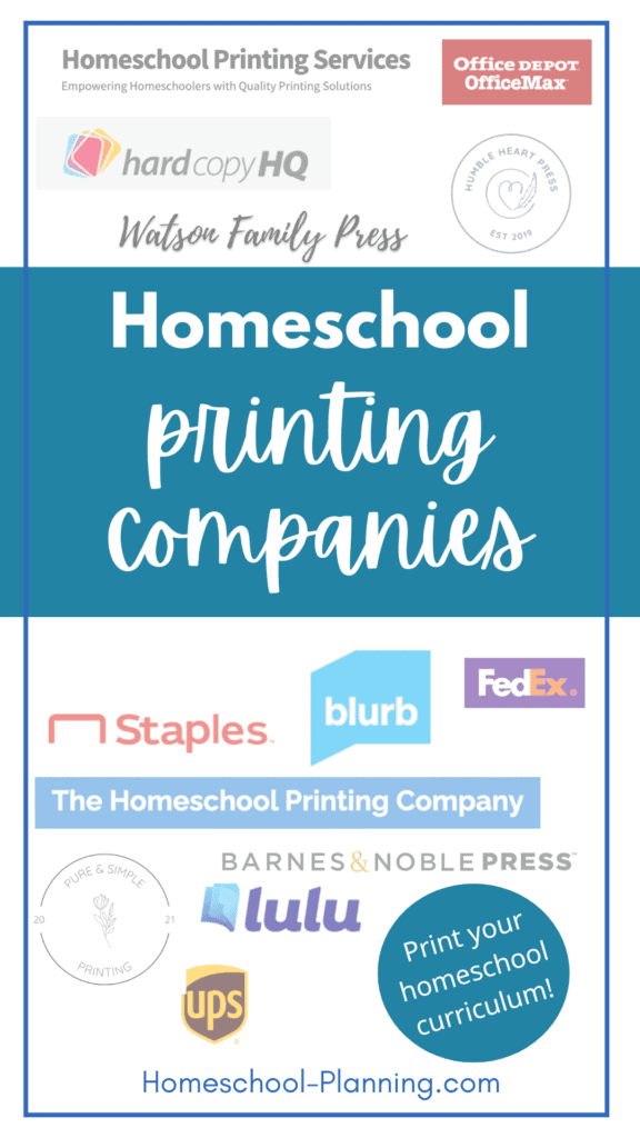 Where to print your homeschool curriculum. Homeschool printing company list. pin image with logos