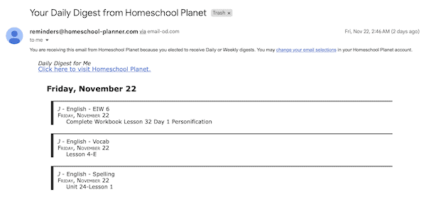 daily digest screen shot from Homeschool Planet