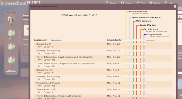 reschedule helper screen shot from Homeschool Planet