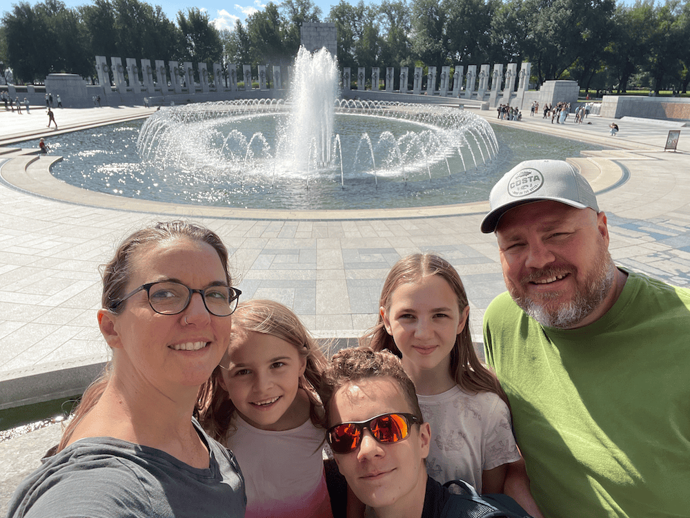 fountain at the WWII memorial. Washington DC with kids