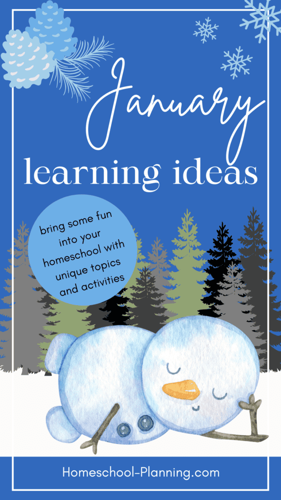 January learning ideas. pin image with lounging snowman