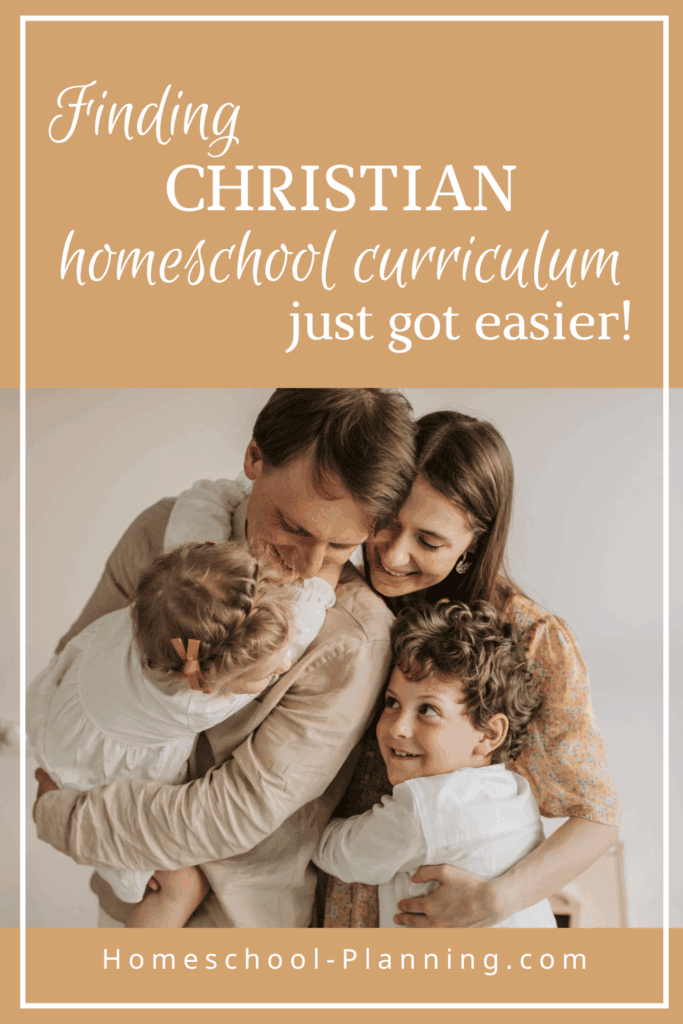 Christian homeschool curriculum pin image with hugging family