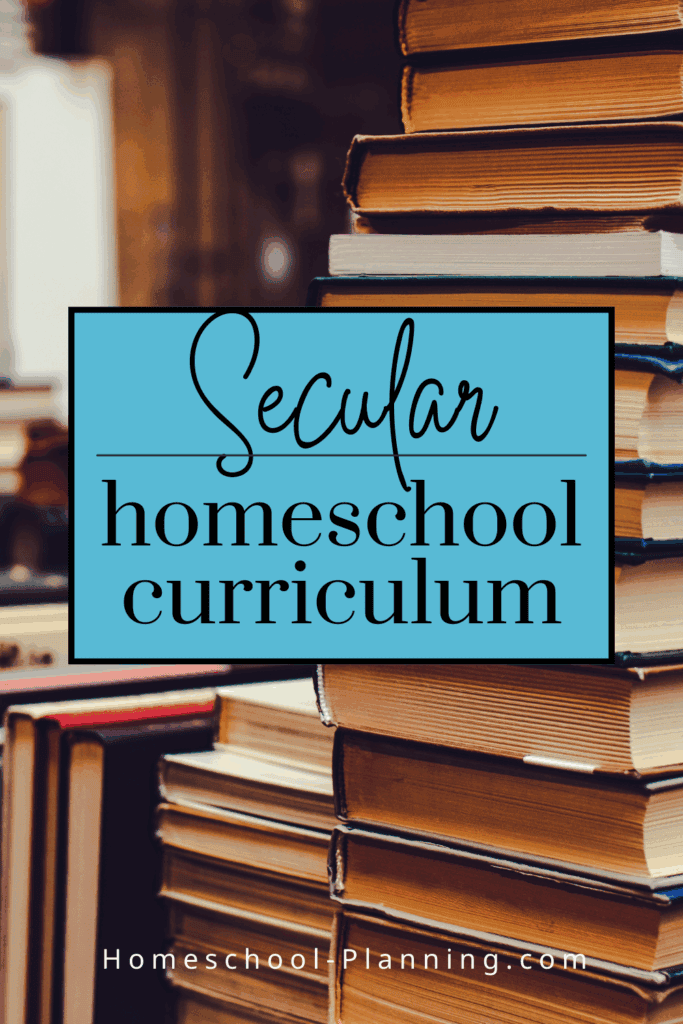 secular homeschool curriculum pile of books pin image