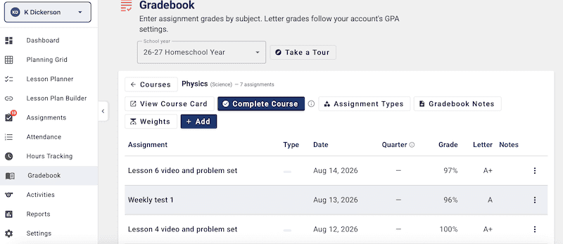List of grades in grade book HSCP