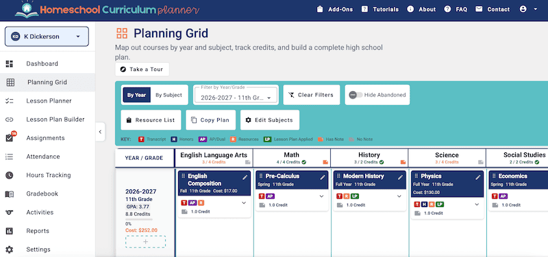 Homeschool Curriculum Planner Planning grid